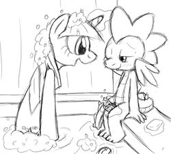 bath brush curtains dragon equine female friendship_is_magic hair horn horse long_hair magic male my_little_pony open_mouth penis pony smooth_skin soap spike_(mlp) sponge tg-0 twilight_sparkle_(mlp) unicorn washing water wet