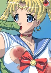 1girls big_breasts bishoujo_senshi_sailor_moon blonde_hair blue_eyes breasts choker circlet cyduster earrings female licking_tentacle nipples oral sailor_moon sweat tagme tentacle torn_clothes usagi_tsukino