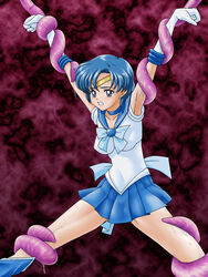 1girls ami_mizuno big_breasts bishoujo_senshi_sailor_moon blue_eyes blue_hair choker circlet clothing elbow_gloves female fujimaruu gloves gritted_teeth knee_boots kneehighs miniskirt restrained sailor_mercury skirt slime_(substance) small_breasts solo tagme tentacle