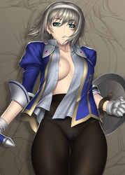 areola areolae blonde_hair bob_cut breasts cameltoe cassandra_alexandra female female_only gloves green_eyes hairband human kansuke nipple_slip nipples no_bra open_clothes open_shirt pantyhose shield shirt solo soul_calibur