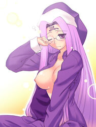 fate_(series) glasses long_hair medusa_(fate) nightcap nipples open_clothes open_pajamas pajamas siseru_samurai sleepy type-moon