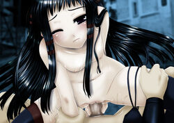 ar_tonelico black_hair censored flat_chest girl_on_top jakuri stockings tagme