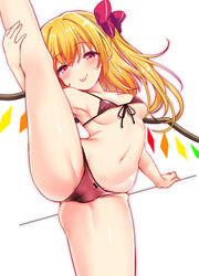 1girls bare_arms bare_legs bare_shoulders blonde_hair blush bow bow_panties bra breasts cameltoe flandre_scarlet flexible front-tie_top hairbow long_hair looking_at_viewer navel panties pointy_ears red_bow red_bra red_eyes red_panties rimu_(kingyo_origin) simple_background small_breasts smile solo splits standing standing_on_one_leg stomach tongue tongue_out touhou underwear underwear_only vertical_splits white_background wings