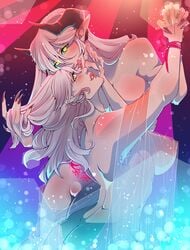 2girls anonbunny big_breasts black_sclera breasts demon demon_girl demon_horns female female/female female_only hair_pull long_hair lust lust_seal multiple_girls oc sideboob silver_hair succubus yellow_eyes yuri