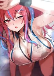 armpits azur_lane black_bra black_underwear bra bra_visible_through_clothes breasts bremerton_(azur_lane) bremerton_(scorching-hot_training)_(azur_lane) cleavage crop_top heart heart_necklace high_resolution holding_racket huge_breasts ipuu_(el-ane_koubou) large_breasts mole multicolored_hair pink_eyes pink_hair shirt skirt sleeveless sleeveless_shirt sportswear streaked_hair sweat tennis_outfit tied_hair twintails two-tone_shirt two-tone_skirt underwear white_skirt