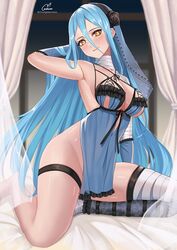 azura_(fire_emblem) bare_legs bed bedroom blue_hair blush breasts chungmechanic cosplay elbow_gloves female fire_emblem fire_emblem_fates flower gloves hair_between_eyes hair_flower hair_ornament hairband highres kaine_(nier)_(cosplay) large_breasts light_blue_hair lingerie long_hair negligee nier nintendo no_panties sideboob solo thighs underwear very_long_hair yellow_eyes