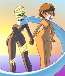 2girls areolae breasts dark_skin duo female female_only holding_hands human humanoid interlocked_fingers multiple_girls nekuzx nuclear_throne nude pussy rebel_(nuclear_throne) rogue_(nuclear_throne) tan