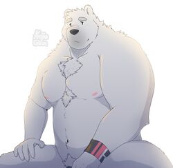 2020 anthro barely_visible_genitalia barely_visible_penis belly black_nose blush fur genitals hi_res kajin-sama male male_only mammal musclegut nipples penis polar_bear simple_background solo ursid ursine white_background white_body white_fur