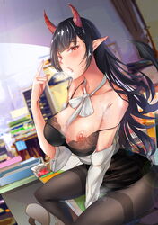 black_hair black_legwear cum horns jinpaitugounan nipple original pantyhose red_eyes tagme