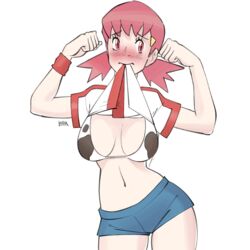 1girls arms_up bad_id blush bra cow_print cow_print_bikini embarrassed female female_only gym_leader hskcomms nintendo pink_eyes pink_hair pokemon pokemon_gsc shirt_lift shirt_lift_via_mouth shorts simple_background white_background whitney_(pokemon)