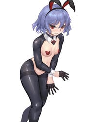 1girls angry animal_ears areolae black_gloves black_legwear blue_hair blush breasts bunny_ears clenched_teeth covered_nipples crossed_arms detached_collar embarrassed gloves groin hair_between_eyes half_gloves headband heart_pasties leaning_forward legs looking_at_viewer medium_breasts meme_attire midriff navel no_wings pantyhose pasties purple_hair red_eyes red_heart_pasties red_pasties remilia_scarlet reverse_bunnysuit reverse_outfit short_hair shrug_(clothing) simple_background slit_pupils solo sudako_(dai011305) teeth thighs touhou white_background