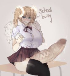 1futa angel angel_wings big_breasts blonde_hair blue_eyes blush bottomless bow breasts bully buttons censored cleavage clenched_teeth clothed double_halo english_text futa_only futanari gavreel_(jutsu) glowing grin halo huge_breasts jutsu_(artist) large_penis letter penis precum presenting school_uniform schoolgirl signature sitting sitting_on_desk skirt smile smirk solo solo_futa text thick_penis thick_thighs thighhighs thighs twintails vein veiny_penis watashi_no_sadisuto_tenshi_gavreel_san! wings