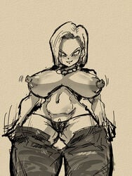 1girls android android_18 big_breasts breasts curvy dragon_ball dragon_ball_z female female_only hard_nipples medium_hair nipples rickert_kai shiny_skin shounen_jump sketch smile smiling solo thick underwear voluptuous