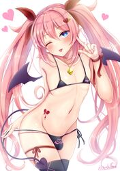 1boy bra crossdressing demon_boy demon_tail demon_wings femboy heart-shaped_pupils incubus long_hair looking_at_viewer male male_only manana_(matoi1111) matoi-chan-kun one_eye_closed panties penis penis_in_panties penis_under_clothes pink_hair solo standing swimsuit trap twintails