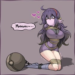 1girls ball_and_chain bondage femsub gag gagged hairband happy_sub hex_maniac huge_breasts jam-orbital kneeling pokemon pokemon_xy purple_hair rope solo_female