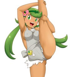 1girls armpits big_breasts breasts cameltoe eye_contact female flower flower_in_hair green_eyes green_hair human leg_up looking_at_viewer mallow_(pokemon) nintendo pokemon pokemon_sm solo thick_thighs thighs tof twintails vertical_splits white_background