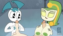 2boys 2girls animated big_breasts blowing_kiss breasts capy_diem competition gif group_sex huge_breasts jenny_wakeman my_life_as_a_teenage_robot nickelodeon paizuri partial_male robot robot_girl small_breasts smooth_skin smug vexus vexus_qt2 wink winking xj-9