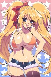 1girls bare_shoulders bikini bikini_top blonde_hair blue_eyes blush breasts canon_genderswap cleavage collarbone cowboy_shot denim denim_shorts eyebrows_visible_through_hair female female_only gender_transformation genderswap genderswap_(mtf) hair_between_eyes hi_res large_breasts looking_at_viewer naruko naruto naruto_(series) no_panties open_shorts ribbon rule_63 sexy_no_jutsu short_shorts shorts solo swimsuit thighhighs tongue tongue_out twintails uzumaki_naruto wan_nian_da_zha_de_r whisker_markings