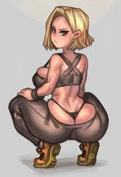 1girls android android_18 ass big_ass blonde_hair blue_eyes breasts broly_culo dragon_ball dragon_ball_z earrings eye_contact female grey_background kelvin_hiu looking_at_viewer looking_back meme pants sideboob squatting thong