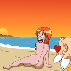 angry ass beach chakoozie crossover dragon_ball dragon_ball_z embarrassed enf female male master_roshi muten_roushi mutenroushi nami one_piece public public_nudity sea