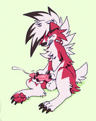 animal_genitalia animal_penis anthro balls blush bodily_fluids canid canine canine_penis claws closed_eyes cum ejaculation fluffy fur genital_fluids genitals hand_on_knot hi_res knot lycanroc male mammal masturbation midnight_lycanroc mohawk nintendo orgasm paws penis pokémon_(species) pokemon red_body red_fur sheath snackhorse solo teeth video_games white_body white_fur