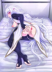 :d anus ass bangs bar_censor blush bodysuit breasts censored fate/grand_order fate/prototype fate/prototype:_fragments_of_blue_and_silver fate_(series) female highres long_hair looking_at_viewer merlin_(fate/prototype) nipples open_mouth pillow pussy smile solo spread_pussy sukumo_(kemutai) sweat very_long_hair white_hair