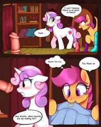 2020 4:5 aged_up blush clothing comic cutie_mark detailed_background dialogue digital_media_(artwork) dildo duo english_text equid equine eyelashes female feral friendship_is_magic green_eyes hasbro hi_res horn mammal my_little_pony open_mouth purple_eyes ritter scootaloo_(mlp) sex_toy sweetie_belle_(mlp) text unicorn