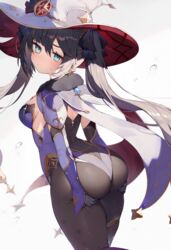 1girls ass ass_grab blue_eyes butt female female_only genshin_impact gloves hand_on_ass hat leotard long_hair looking_at_viewer looking_back mona_(genshin_impact) muryotaro pantyhose solo solo_female thick thick_ass thick_thighs thighs twintails