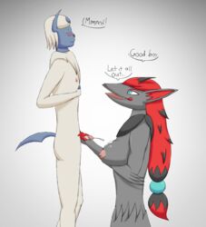 absol anthro bodily_fluids breasts cum cumshot dialogue duo ejaculation english_text female foreskin genital_fluids genitals good_boy handjob hi_res male nintendo nipples penile penis pokémon_(species) pokemon pokemon_(species) retracted_foreskin sex simple_background straight text uncut video_games waterinacup zoroark