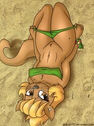 alternate_species anthro beach_ball_(character) bedroom_eyes better_version_at_source biped blonde_hair breasts brown_body brown_eyes brown_fur clothing digital_media_(artwork) drako1997 fan_character female friendship_is_magic fur hair half-closed_eyes hasbro hi_res long_hair looking_at_viewer lutrine lying mammal mustelid my_little_pony narrowed_eyes navel nipple_outline original original_character panties panties_down presenting seductive smile solo swimwear underwear underwear_down undressing