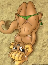 alternate_species anthro beach_ball_(character) bedroom_eyes biped blonde_hair breasts brown_body brown_eyes brown_fur clothing digital_media_(artwork) drako1997 fan_character female friendship_is_magic fur genitals hair half-closed_eyes hasbro hi_res long_hair looking_at_viewer lutrine lying mammal mustelid my_little_pony narrowed_eyes navel nipples original original_character panties panties_down presenting pussy seductive smile solo swimwear underwear underwear_down undressing