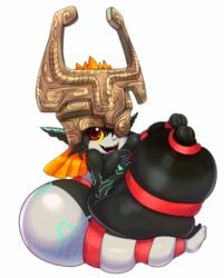 2018 areola arm_markings ass big_breasts big_butt breasts female fused_shadow hair huge_breasts humanoid humanoid_pointy_ears hyper hyper_breasts looking_at_viewer markings matospectoru midna nintendo nipples orange_hair red_eyes simple_background solo the_legend_of_zelda twili twilight_princess video_games white_background wrapping