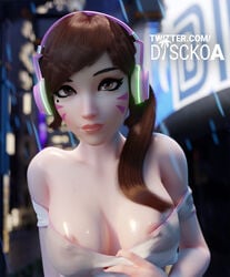 1girls 3d areolae bare_shoulders blender breasts brown_eyes brown_hair d.va discko discko_d.va eyelashes eyeliner facial_markings female female_only headphones looking_at_viewer nipples nipples_visible_through_clothing off_shoulder oiled oiled_skin overwatch see-through see-through_clothing shirt_pull solo solo_female wet wet_clothes