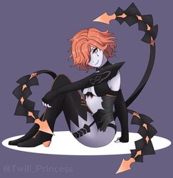 bangs black_leotard breasts cleavage earrings eye_markings female fire_emblem fire_emblem:_three_houses high_heels kronya_(fire_emblem) leotard orange_hair red_eyes signature simple_background sitting_down smiling tagme twili_princess underboob white_skin