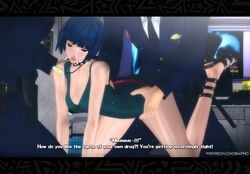 3d all_fours blue_hair blush chobixpho choker clothed clothed_female clothed_male dialogue doggy_style drugs goth grabbing_from_behind megami_tensei on_all_fours penetration persona persona_5 rape sex short_hair tae_takemi taken_from_behind