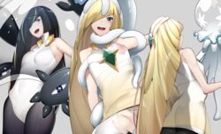 3girls alien alternate_hair_color black_hair black_legwear blonde_hair dark_hair evil_lusamine_(pokemon) female_only game_freak lusamine_(pokemon) milf mother mother_beast_lusamine multiple_girls nihilego nintendo one_breast_out pokemon pokemon_sm ripped_clothing sha_(amfil100) tentacle yuuyuu_(yuuki1771)