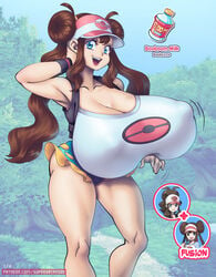 1girls armpits ass blue_eyes booboom_milk breasts brown_hair collarbone double_bun female female_focus female_only fusion hand_on_head hilda_(pokemon) huge_breasts human looking_at_viewer nintendo open_mouth pokemon pokemon_bw pokemon_bw2 rosa_(pokemon) rosilda smile solo solo_female supersatanson twintails visor_cap