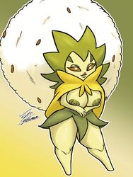 1girls anthro anthrofied areolae big_hair big_nipples breasts cleavage cloak eldegoss female female_only flora_fauna front_view gradient_background green_nipples green_skin highres huge_breasts jyto leaf_skirt nintendo nipples orange_eyes parted_lips pokemon pokemon_ss pokemorph signature skirt solo standing thick_thighs topless voluptuous white_hair