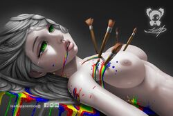 abstract areolae breasts crying female female_focus female_only green_eyes laying_on_back leadapprentice mouth_open nipples paint paintbrush rainbow tear unusual_blood white_hair white_skin