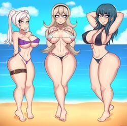 3girls alternate_costume barefoot between_labia big_breasts bikini bimbo black_bikini breasts busty byleth_(fire_emblem) byleth_(fire_emblem)_(female) byleth_(summer)_(fire_emblem)_(female) corrin_(fire_emblem) corrin_(fire_emblem)_(female) corrin_(summer)_(fire_emblem)_(female) drunkavocado feet female female_only fire_emblem fire_emblem:_three_houses fire_emblem_awakening fire_emblem_cipher fire_emblem_fates fire_emblem_heroes huge_breasts innie_pussy multiple_girls nintendo robin_(female)_(summer)_(fire_emblem) robin_(fire_emblem) robin_(fire_emblem)_(female) shell_bikini teal_hair thick_thighs wide_hips