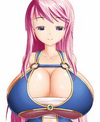 1girls animated bouncing_breasts cleavage curious female gif huge_breasts isel long_hair oc pink_hair purple_eyes sideboob smiling_at_viewer tagme top_view