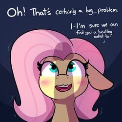 1:1 blush bodily_fluids dialogue english_text equid equine faceless_male female feral fluttershy_(mlp) friendship_is_magic hair hasbro hi_res male mammal my_little_pony penis_shadow pink_hair simple_background sweat text tjpones yellow_body