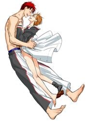 1boy 1girls aida_riko brown_hair female kagami_taiga kuroko_no_basuke male partially_clothed red_hair size_difference smile straight white_background