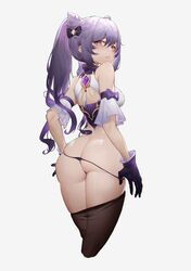 1girls ass ass_cleavage back_cutout bangs bare_shoulders black_bow black_legwear black_panties bow breasts butt_crack clothing_cutout cropped_legs detached_sleeves double_bun female female_only frills from_behind gem genshin_impact gloves hair_ornament hairbow heart heart-shaped_pupils keqing_(genshin_impact) l_ract long_hair looking_at_viewer looking_back medium_breasts micro_panties no_pants panties panty_pull pantyhose pantyhose_pull parted_lips pointy_hair purple_eyes purple_gloves purple_hair sidelocks simple_background skindentation solo strap_gap string_panties symbol-shaped_pupils tassel thick_thighs twintails underwear white_background