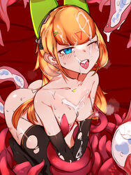 andou_inari animal_ears blue_eyes breasts choumi_wuti_(xueye_fanmang_zhong) elbow_gloves female fox_ears fox_girl gloves highres impossible_clothes impossible_leotard joints leotard long_hair nijisanji orange_hair robot_ears robot_joints taimanin_suit tentacle thighhighs virtual_youtuber virtuareal