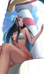 1girls bikini black_hair blue_eyes blue_hair dark-skinned_female dark_blue_hair dark_skin female female_only game_freak lighthouse long_hair milotic multicolored_hair nessa_(pokemon) nintendo pokemon pokemon_ss sha_(amfil100) swimsuit two_tone_hair viewed_from_below yuuyuu_(yuuki1771)