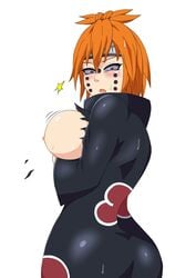 1girls ajisai_(naruto) akatsuki_(naruto) areolae ass big_ass big_breasts blush breasts breasts_out cloak exposed_breasts female female_only forehead_protector hiyoteko naruto naruto_shippuden nipples on_side open_mouth orange_hair pain_(naruto) purple_eyes rinnegan ripped_clothing rule_63 shounen_jump sideboob sweat sweatdrop tied_hair