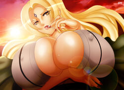 1girls arm_under_breasts big_breasts blonde_hair brown_eyes candy cleavage clothed_female clothing erect_nipples facial_mark female female_only forehead_mark hair_down haori huge_breasts jassycoco lipstick lolipop long_hair looking_at_viewer makeup nail_polish naruto naruto_(series) naruto_shippuden object_in_mouth outdoors short_kimono smile solo sunset tongue tongue_out tsunade upper_body