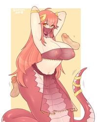 1girls 8owties amber_eyes armpits arms_behind_head arms_up belly belly_dancer belly_dancer_outfit dancer dancer_outfit erect_nipples female femsub happy_sub harem_girl harem_outfit huge_breasts huge_cock lamia loincloth long_hair miia_(monster_musume) monster_girl monster_musume_no_iru_nichijou presenting_breasts pussy red_hair shaved_pussy snake_girl snake_tongue submissive_female tubetop veil