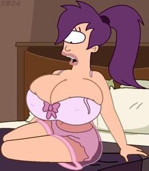 1girls alternate_breast_size bra breast_expansion breasts cyclops excessive_boob_flesh female fox futurama hips huge_breasts panties purple_hair sb24 see-through_clothing shocked thighs turanga_leela